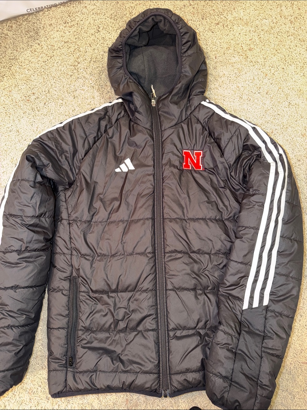 adidas Black Hooded Puffer Jacket with White Stripe and Red 'N' Patch
